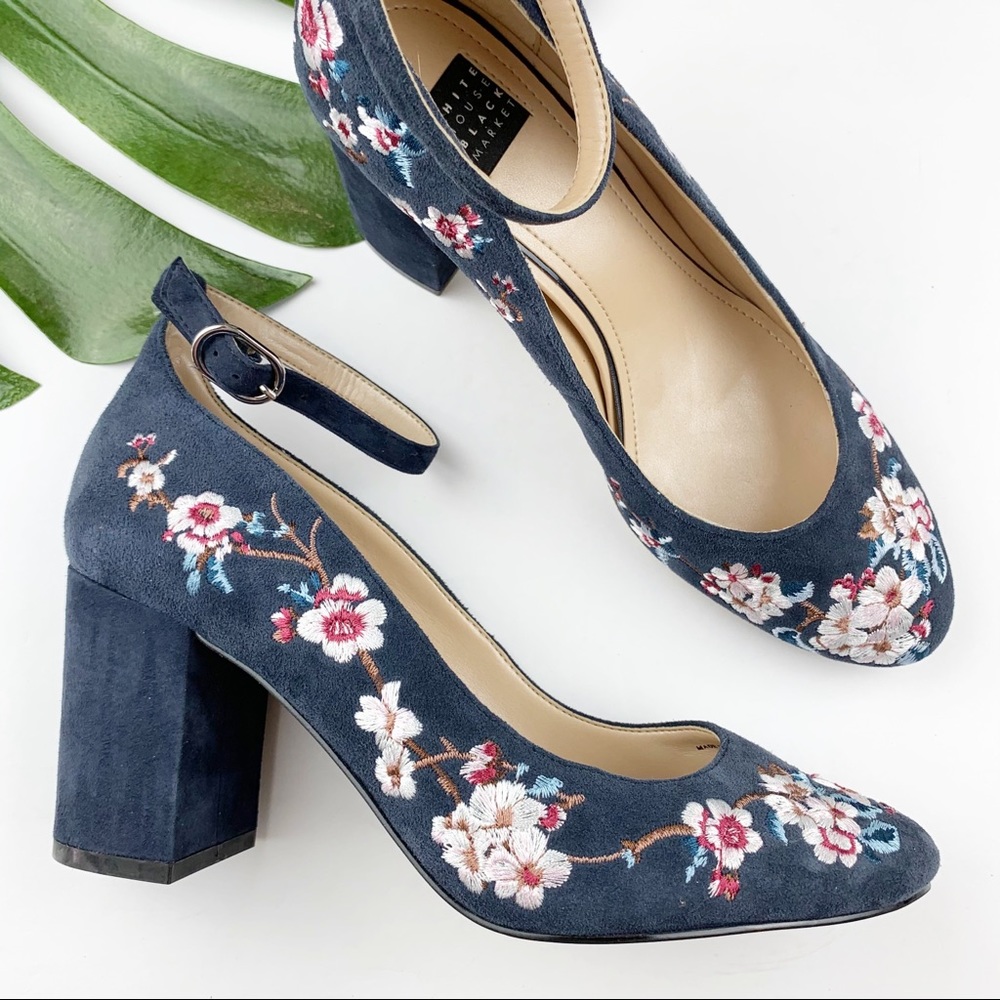 WHBM Bethany Floral Embroidered Block Heels 7